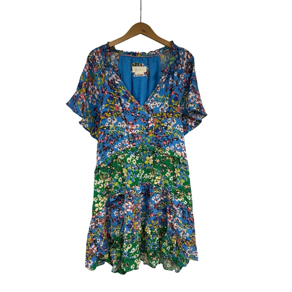 Anthropologie Robin Floral Tiered Ruffle Dress Blue Green Womens XL